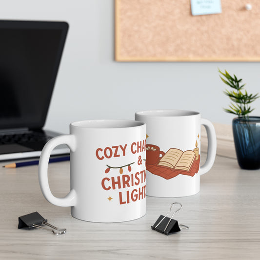 Cozy Chapters & Christmas Light" Ceramic Mug – Book Lover Reading Nook Gift